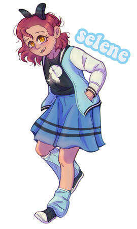 Selene standing and smiling, in a rare bubbly mood.