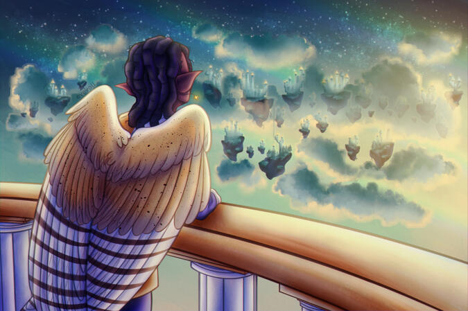 Painting of Killian from behind, standing at a castle balcony and gazing into the horizon. It's just before dawn, and many floating islands can be seen between the clouds in the distance.