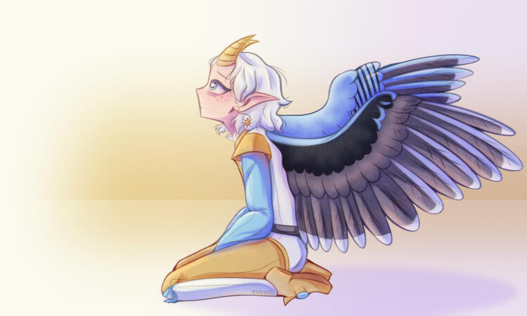 Helios in profile kneeling in a pale yellow void, staring up at something. Wondering what it's like outside these walls.