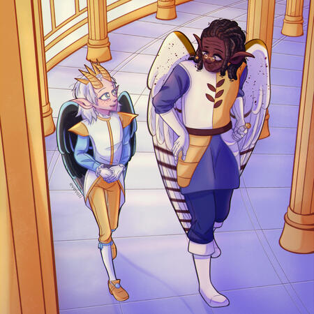 Helios and Killian chatting as they walk down the castle hallway.