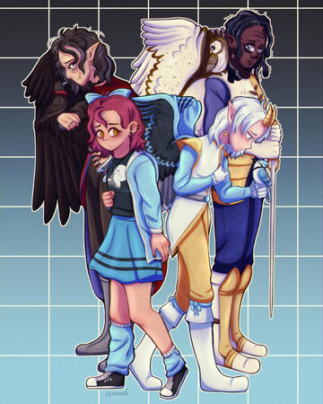 The four main characters of Wings of Atlas standing together, overlapping a little. From top left to bottom right: Phoenix, Killian, Selene, Helios.