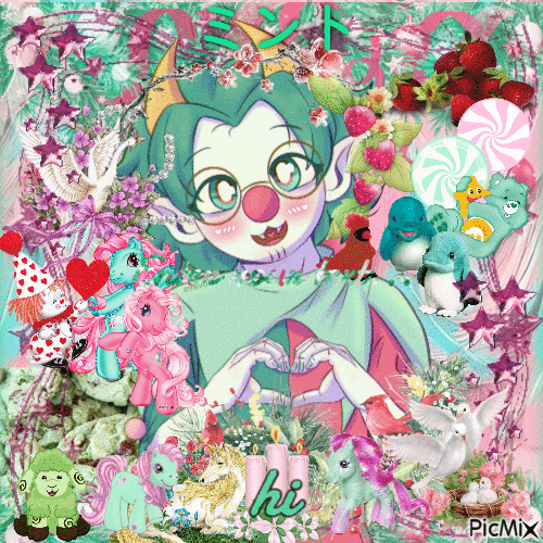 horrendous picmix gif of my sona surrounded by pink and green blingies of birds and fictional characters. it says "hi" at the bottom